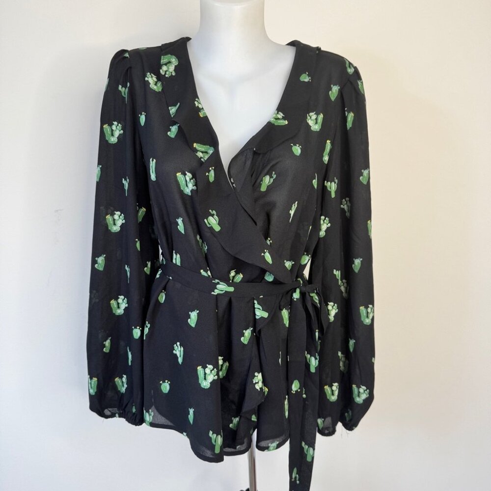 Women's Black Wrap Blouse with Green Cactus Print